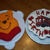 Pooh And Fire Engine This was for my sons' 3rd and 1st birthday party. Both boys happen to have October birthdays. The firetruck is done in color flow over...