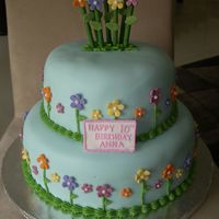 Flower Birthday Cake 2-tier vanilla birthday cake covered in fondant with fondant flowers.