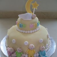 Baby Shower Cake Vanilla cake covered in fondant with fondant babies and accents.