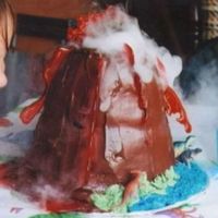 Volcano Cake I made this cake for my daughter's dinosaur birthday party. Two different sized dome cakes stacked, chocolate icing & homemade...