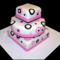 White 3 Tier With Pink And Black Accents This cake was done for a wedding where they didn't want a "traditional" wedding cake. It has 2 black cake boards in between...