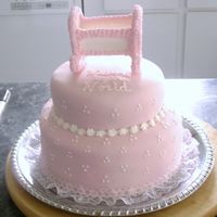 001.jpg Chocolate cake on top, white on the bottom. Covered with buttercream and then topped with MMF with a bit of almond flavoring. It was soooo...