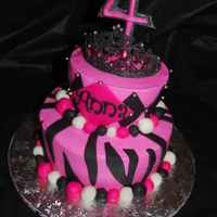 Pink & Black Zebra Cake 9" & 6" buttercream with fondant accents, royal icing tiara, and gumpaste number.