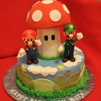 Super Mario Bros Cake Thanks to KimmysKakes for the inspiration for this cake. This was my first cake using molded rice krispie treats covered in fondant! Its a...