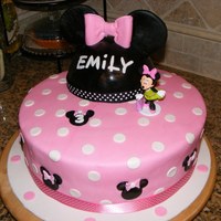 Minnie Mouse Cake Vanilla cake with strawberry filling. Covered in fondant. Ears, decorations all in fondant. Silk ribbon. Little Minnie Mouse figurine is a...