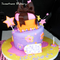 Dora's Topsy Turvy This cake is chocolate marble cake with cream cheese frosting and covered and decorted with fondant decorations.