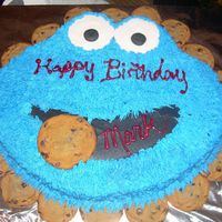 Cookie Monster Cake This was a chocolate cake w/ BC icing made with a chocolate chip cookie border. I cut this cake out freehand out of my largest square pan...