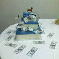Cake For 08 Futurity Dinner Cake is Butter Cream with blue fondant to make "lid" look. Then the cake explodes to the non-edible bryer horse.... The money is...