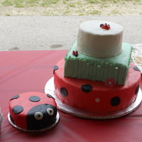 Ladybugs 12in round, 8in square, 6in round covered in almond butter ream & then covered in MMF.