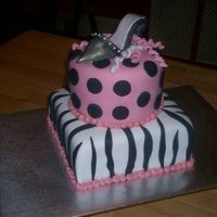 High Heel Shoe Cake Funky tween bday cake covered in fondant. The shoe is sculpted black fondant and brushed with pearl luster.