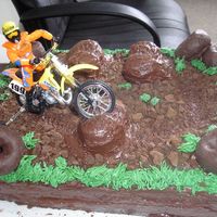 Dirt Bike Chocolate cake with chocolate frosting. I cut Twinkies in half and frosted over for the mounds. Dirt is chocolate graham cracker and...