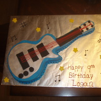 1St Guitar Cake So this was my first Guitar cake. I cut it out of a sheet cake and a loaf pan for the arm on the guitar. I traced a rockband guitar on card...