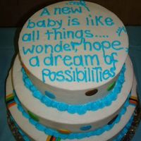 Baby Shower Cake vanilla and chocolate tiers, covered in buttercream w/ fondant accents. Was made for a cousin of mine who is near and dear to my heart