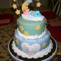 Twinkle Twinkle Little Star This cake was done for a friends daughters first baby. It's done in a two tier French Vanilla cake covered in fondant. Baby, moon and...