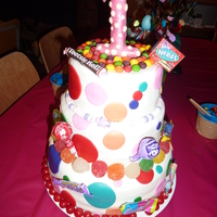 3Tier Candy Themed Cake My god daughter's 1st birthday was candy themed plus her dress was white with large colored polka dots so I made this cake to match...
