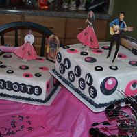 50's Theme Cake My twin cousin's are in love with Elvis so I made them these square cakes. All the circles were made of fondant and I hand rolled all...