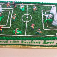 Soccer Field wasc cake with cream cheese filling.Butter cream decorations with wilton soccer set for an 8 year old soccer fan