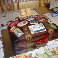 Luggage Cake My dad is a world traveler, so I made an old fashioned suitcase with travel stickers. The cake is covered with just chocolate frosting and...