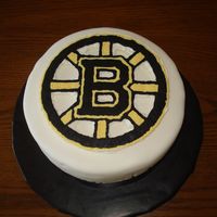 Boston Bruins boston cream pie cake. Vanilla cake with chocolate ganache filling and vanilla cream filling, IMBC under fondant and FBCT of Bruins logo....