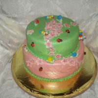 Buggies Orange dreamsicle cake from Macsmom collection with IMBC and fondant overlay and fondant bugs. Very fun to do for a 4 year old girls'...