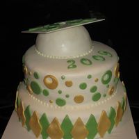 Green & Gold Grad This is a 12" & 10" round cake... the hat is made from the half ball pan. The top of the had is 50/50 gumpaste/fondant.