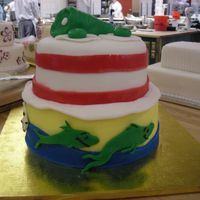 Dr. Suess Cake Its hard to see all the details in one picture, but 1st tier is one, two fish.... 2nd is cat in the hat and topper is green eggs and ham.