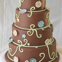 Chocolate Celebration Chocolate fondant with gumpaste daisies and vines. Major lesson learned from this one, don't agree to make a cake when you're...