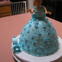 Barbie Doll Cake Covered in fondant, the flowers are gum paste brushed with blue petal dust and luster dust. This is my first doll cake