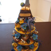 Graduation Cupcake Tower Yellow Cream Cupcakes with Chocolate Swiss Meringue Buttercream as a base. Orange and mango fondant flowers, fondant caps, diploma's,...