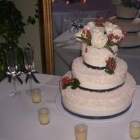 Sugar Pearl Wedding Cake MY FIRST WEDDING CAKE!!! 6, 10 and 14in double layer round cake. French Vanilla Cake with Buttercream Icing, black ribbon with Sugar Pearls...