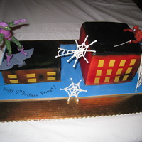 Spider-Man Saves The City From The Green Goblin! I made this for my son's 4th birthday. The taller building was baked in a 12" square pan, cut into quarters and stacked.