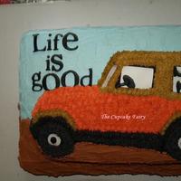 Jeep Cake Jeep cake done for a picnic. I used the Jeep pan. For the letter, windows, and tires fondant was used and cut with the Cricut Cake.