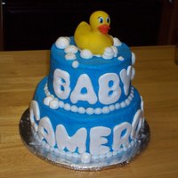 Rubber Ducky Cake Blue buttercream icing, fondant letters, buttercream bubbles