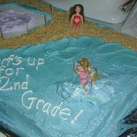 The Beach That The Dog Didn't Eat Here's the beach cake that the four-layer volcano was to go on. The dolls are Polly Pockets and the water was made with buttercream...