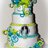 Aqua And Greem :Quinceanera cake" was made with wip icing as frosting and touch it with fondant details. The frame is made with fondant too.