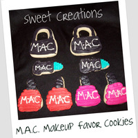 M.a.c. Makeup Cookie Favors NFSC M.A.C. Design for 30th Bday favors. Black Hand Bag, Teal Lipstick, Pink & Red Nail Polish. One of my favorite cookie designs