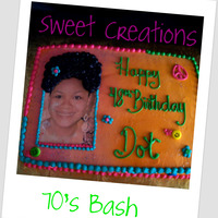 70S Bash 9x13 sheet cake french vanilla.Airburshed buttercream with edible image, peace symbol in buttrecream. Sugar faces