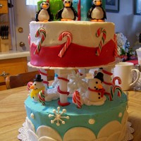 Winter Wonderland the top layer is chocolate cake with chcoclate mocha buttercream, and covered in vanilla buttercream. The Bottom is vanilla cake with lemon...