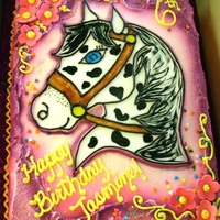 Horse Cake 1/2 sheet of triple chocolate fudge cake with oreo filling, iced in buttercream. The pony is from a coloring book and I made a fondant...