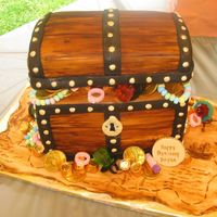 Pirate Chest Cake WASC cake for bottom and rich chocolate cake for lid. Cake covered in fondant and decorations made of fondant. (except the candy of course...