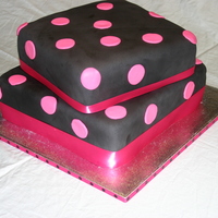 Black/pink Polka Dot Cake 10" and 12" cakes covered in black fondant with SMBC underneath. Chocolate cake with white SMBC and white cake with chocolate...