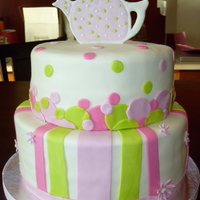 Tea Party Cake 8" white w/raspberry filling, 10" chocolate w/oreo filling, covered in MMF. for 3 yr old twin girls, their mom had a tea party...