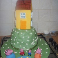 Peppa Pig Cake With House i made this for my little boys second birthday, was very please about how it turned out!!!!
