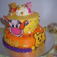Pooh Baby Shower Cake This is a pooh baby shower cake that I made for my sister. Cake was soooooo cute! Everything is edible, except the bear and piglet on top...