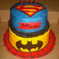 Spiderman, Superman, Batman Cake Tiered multi theme buttercream cake w/ fondant accents