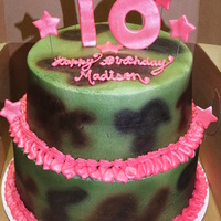 Camo Cake 2 tier buttercream camo cake w/ hot pink border and fondant pop-outs. Camo completely airbrushed