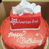 American Girl Cake 2 layer 10" circle cake with buttercream icing airbrushed red. American Girl bag on top was cereal treats covered in red fondant and...