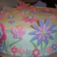 Flowers And Critters Buttercream icing with fondant flowers, butterflies, dragonflies, and ladybugs.