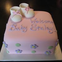 Optimized-Baby-Shower.jpg 8" square cake covered in fondant. Hand-made gumpaste booties.