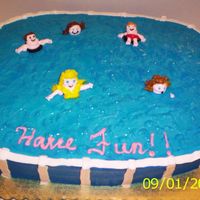 Swiming Pool Cake In a rectangular cake cut the corners and rounded a little bid, decorated around with dark blue icing, pipe the tubes, add colored blue gel...